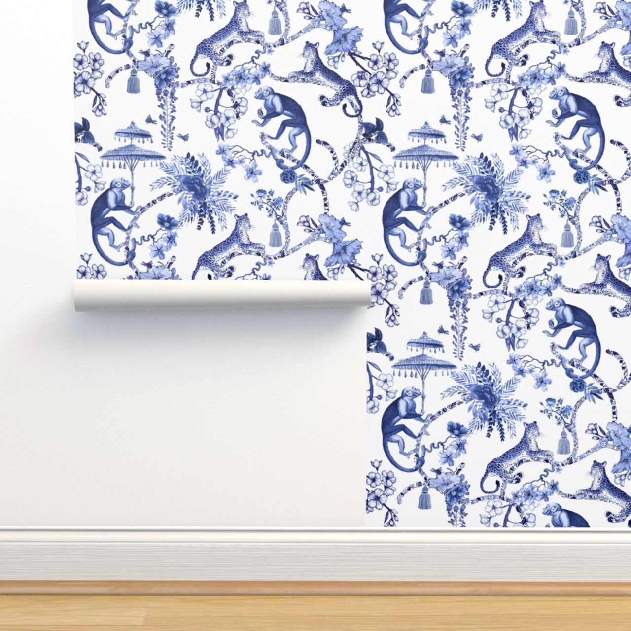 Botanical Toile Chinoiserie Hollywood Regency Jumbo Scale Flowers Floral Branches Monkey Leopard Custom Pre-pasted Wallpaper by Spoonflower Pre-Pasted Wallpaper 2FT Wide